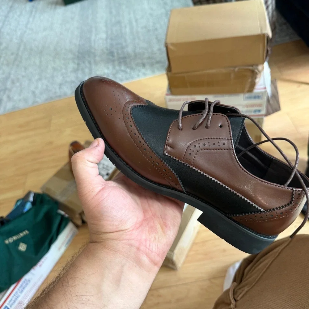 Santimon‎ Men's US 7.5 Brown Black Wingtip Lace Up Derby Pointed Toe Shoes